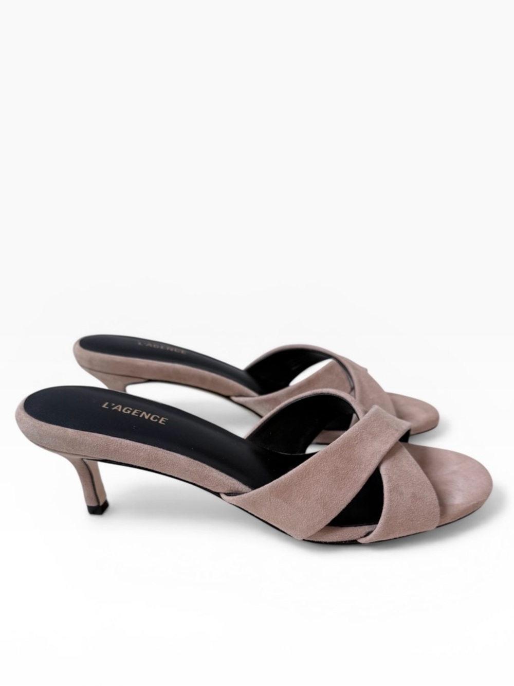 L'AGENCE Aveline Suede Crisscross Kitten Heel Slide Sandal Cappuccino Tan Size 6 - Picture 4 of 12